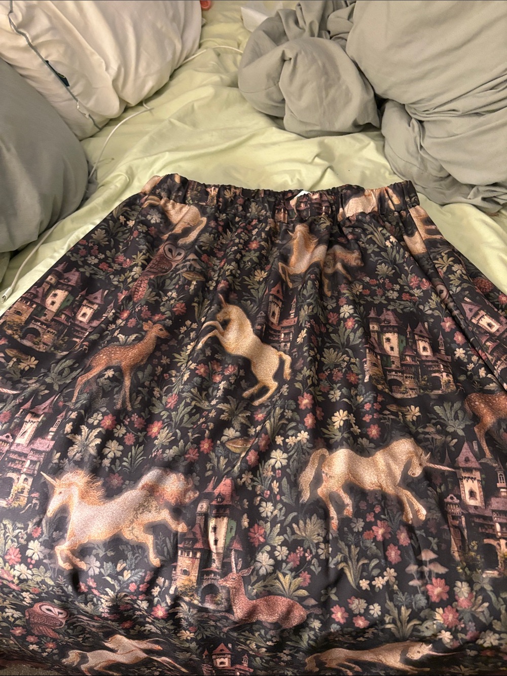 ROMWE Black Floral & Gold Unicorn Skater Skirt
